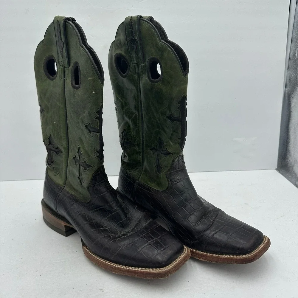 Ariat Mens Ranchero Cowboy Boots Sz 9.5D Green Brown Cross Overlay Square Toe - Picture 2 of 7